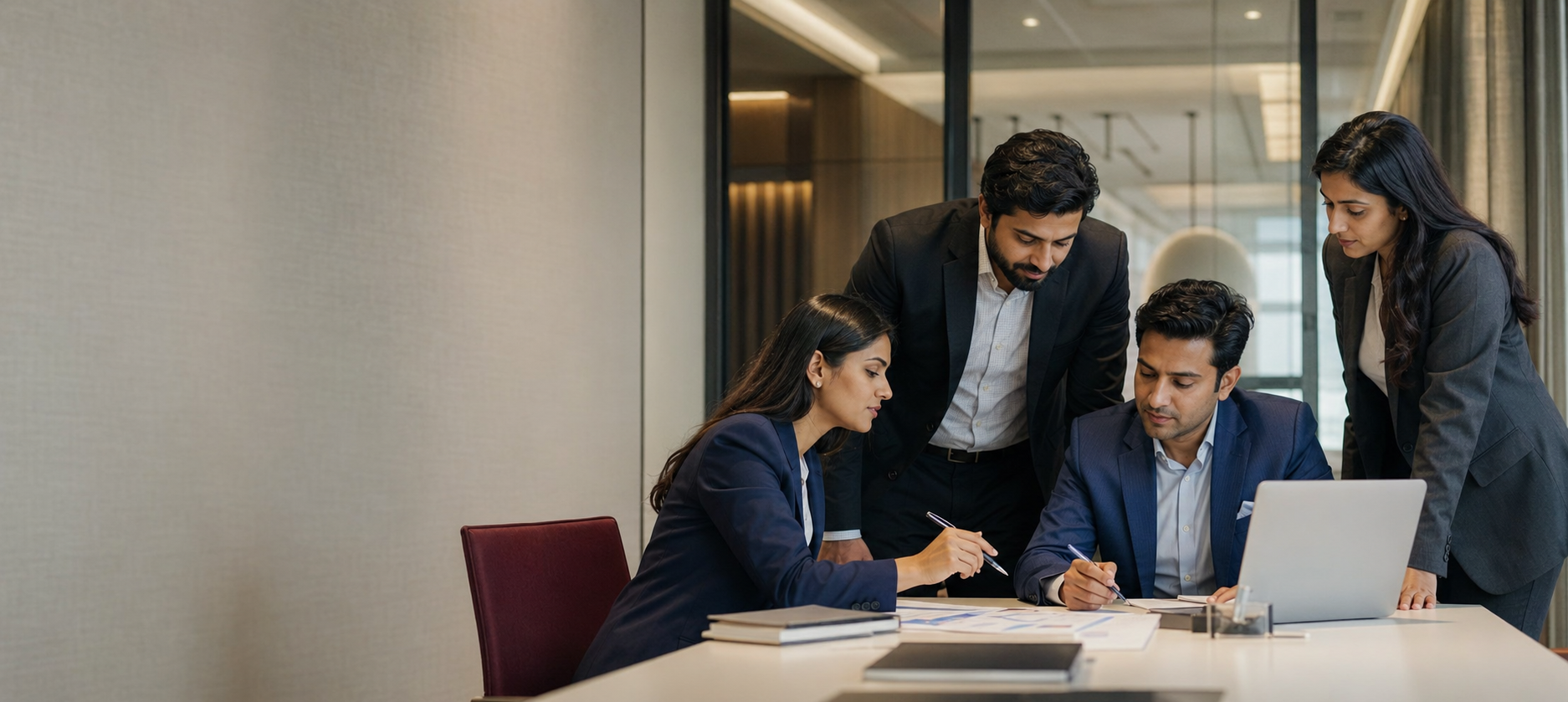 Corporate advisory professionals collaborating in a modern office