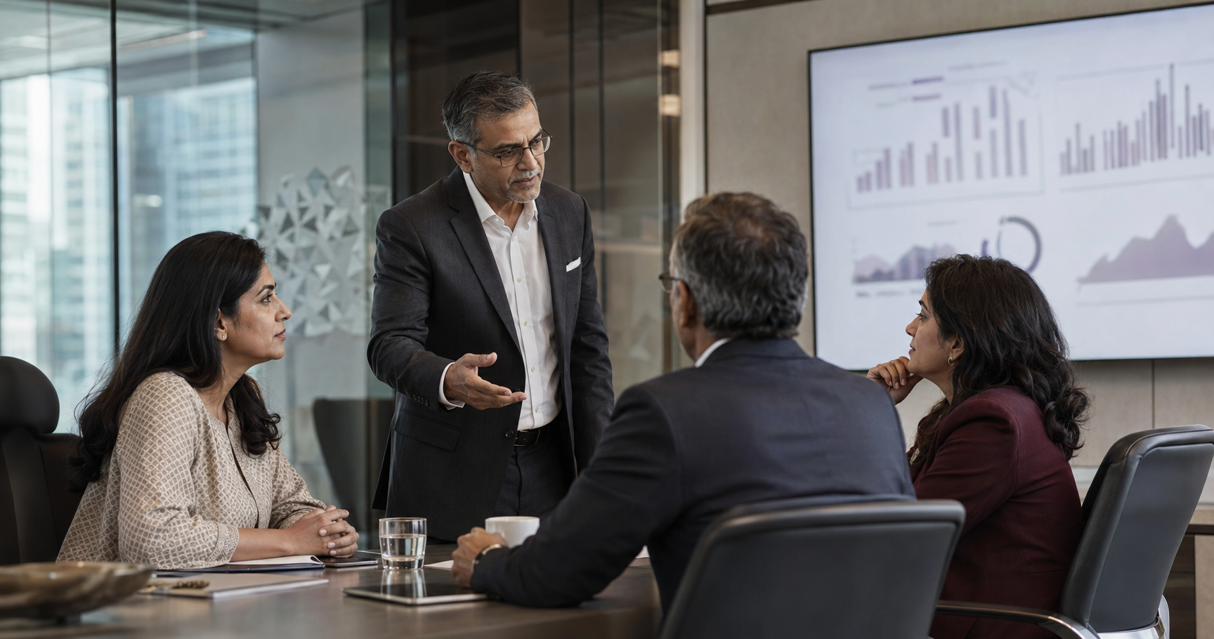 Business consultants advising clients in a boardroom