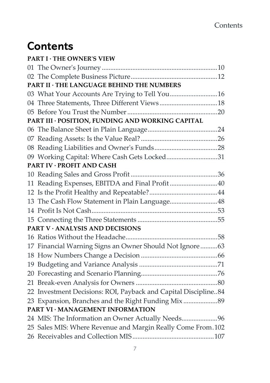 Table of contents page from Financial Analysis & Business Intelligence For Business Owners