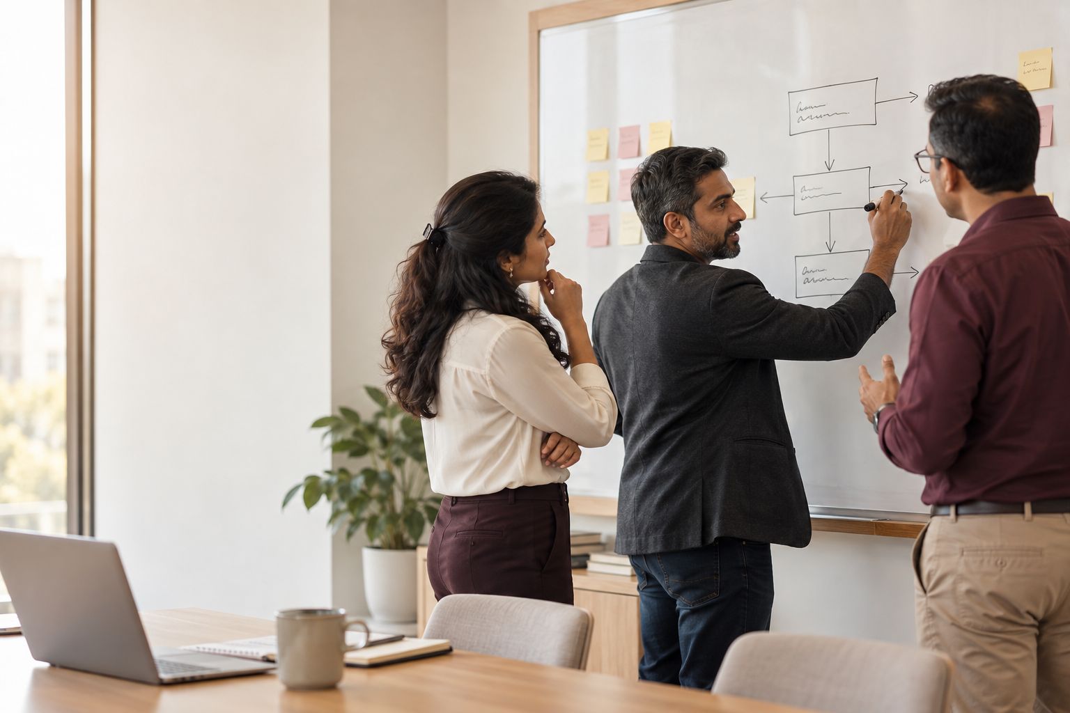 Consultants mapping a business workflow on a whiteboard during a planning session