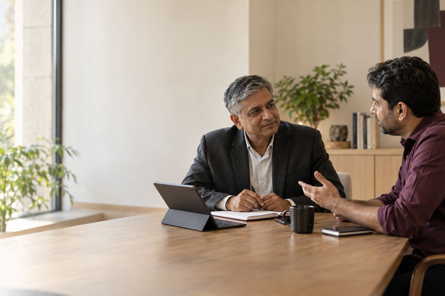 A business advisor listening to a business owner during a one-to-one consultation