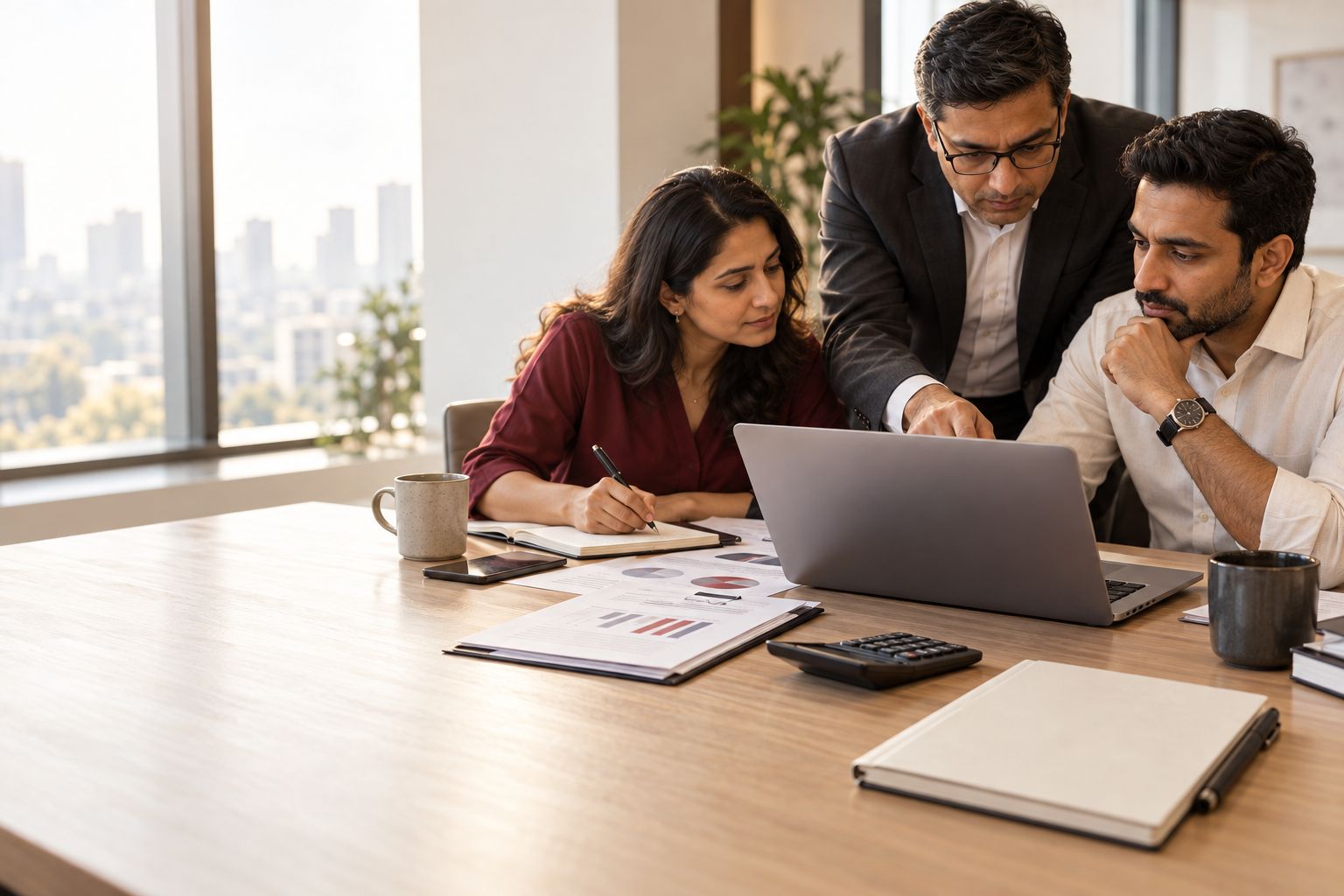 Finance and operations colleagues reviewing reports on a laptop at a shared desk